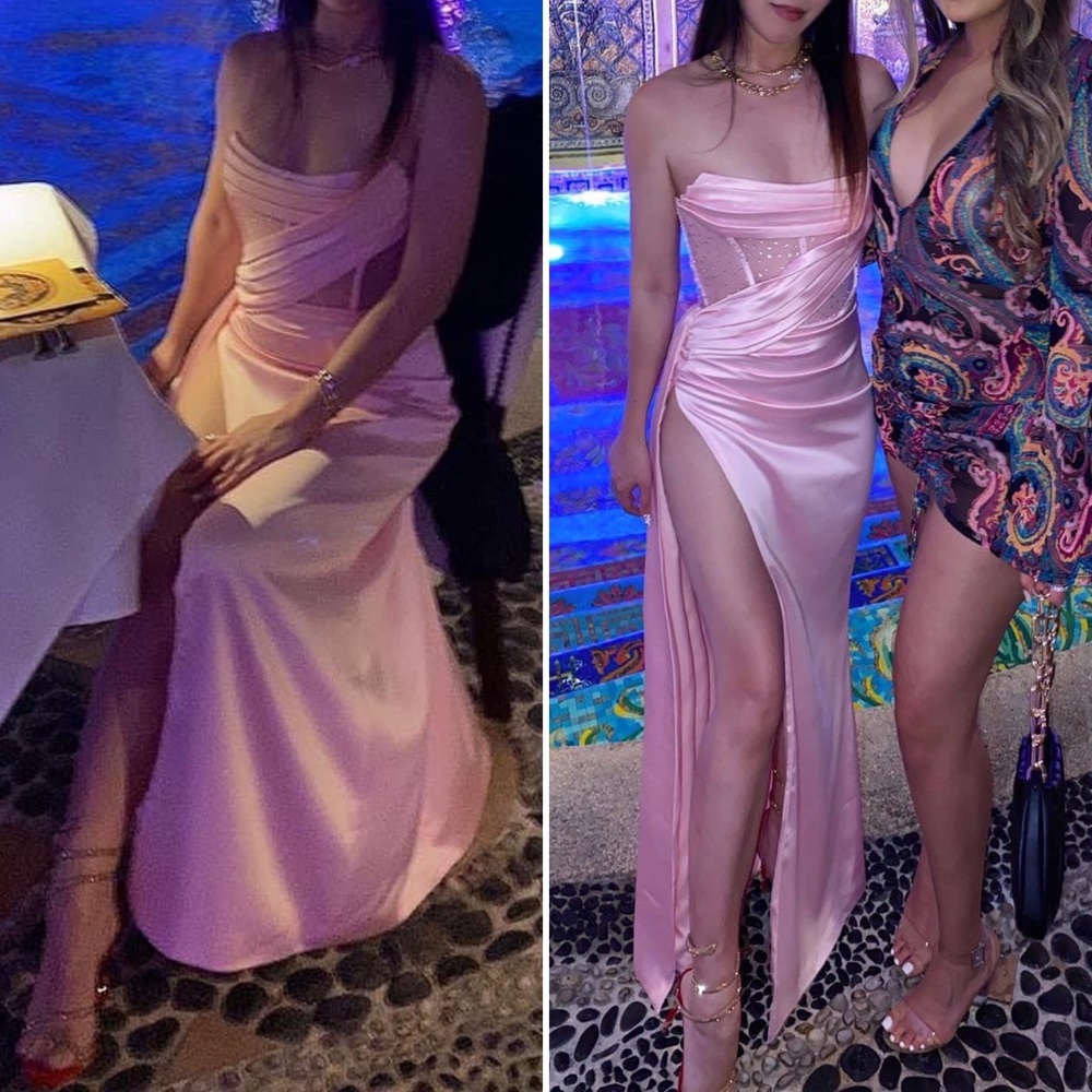 Miss Circle NY Holly Pink Crystallized Corset High Slit Satin Gown